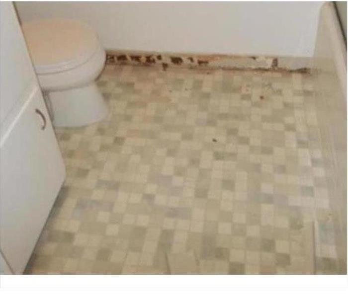 Toilet with tile floor and stained walls