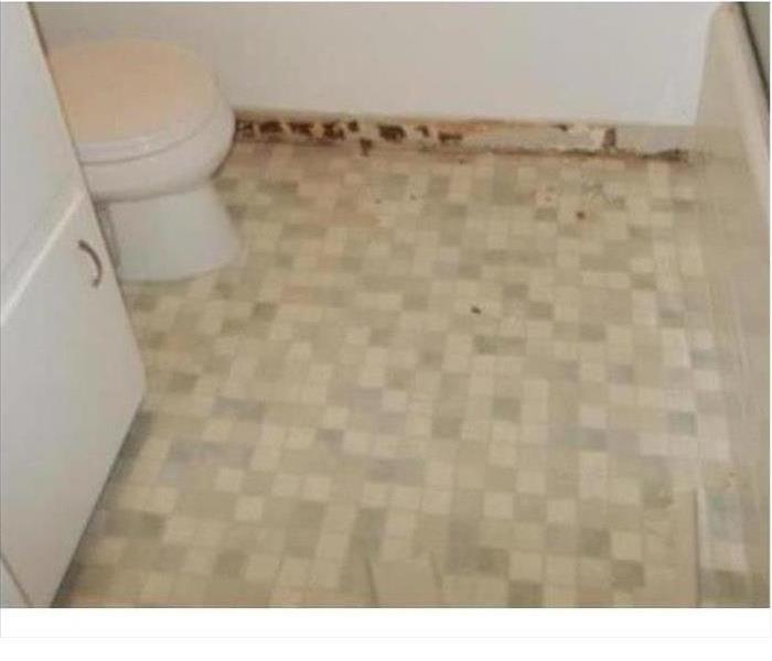 Bathroom with white toilet and stains on baseboards