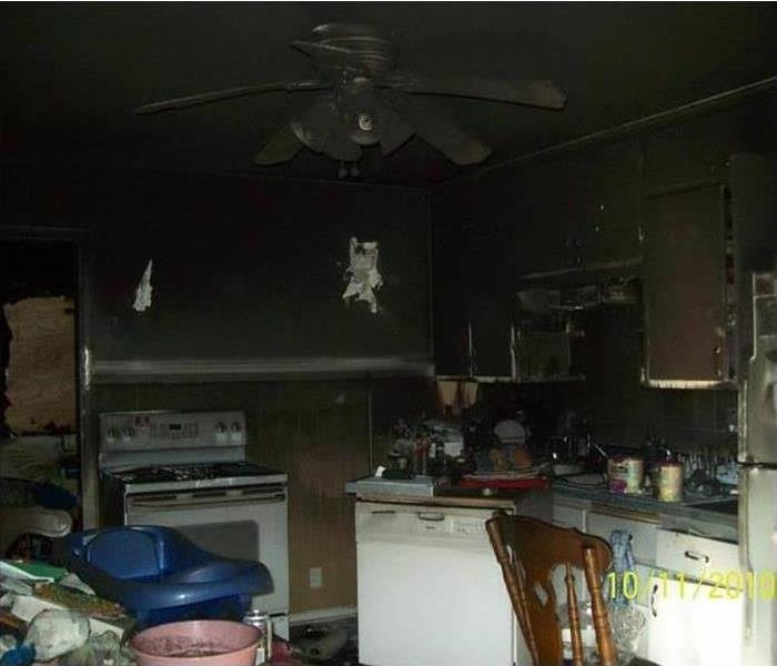 Kitchen with massive fire damage plus soot on appliances and surfaces