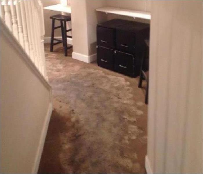 Wet carpet by a staircase with filing cabinets and a black stool