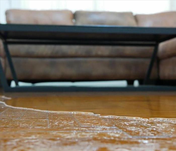 Water is on the floor of a building a sofa is out of focus in the background.